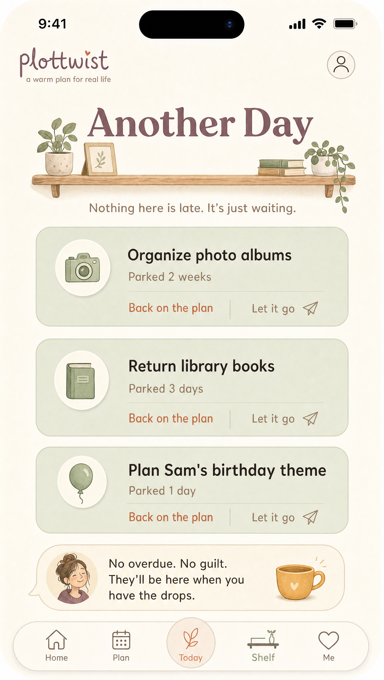 The Another Day shelf with no overdue tasks
