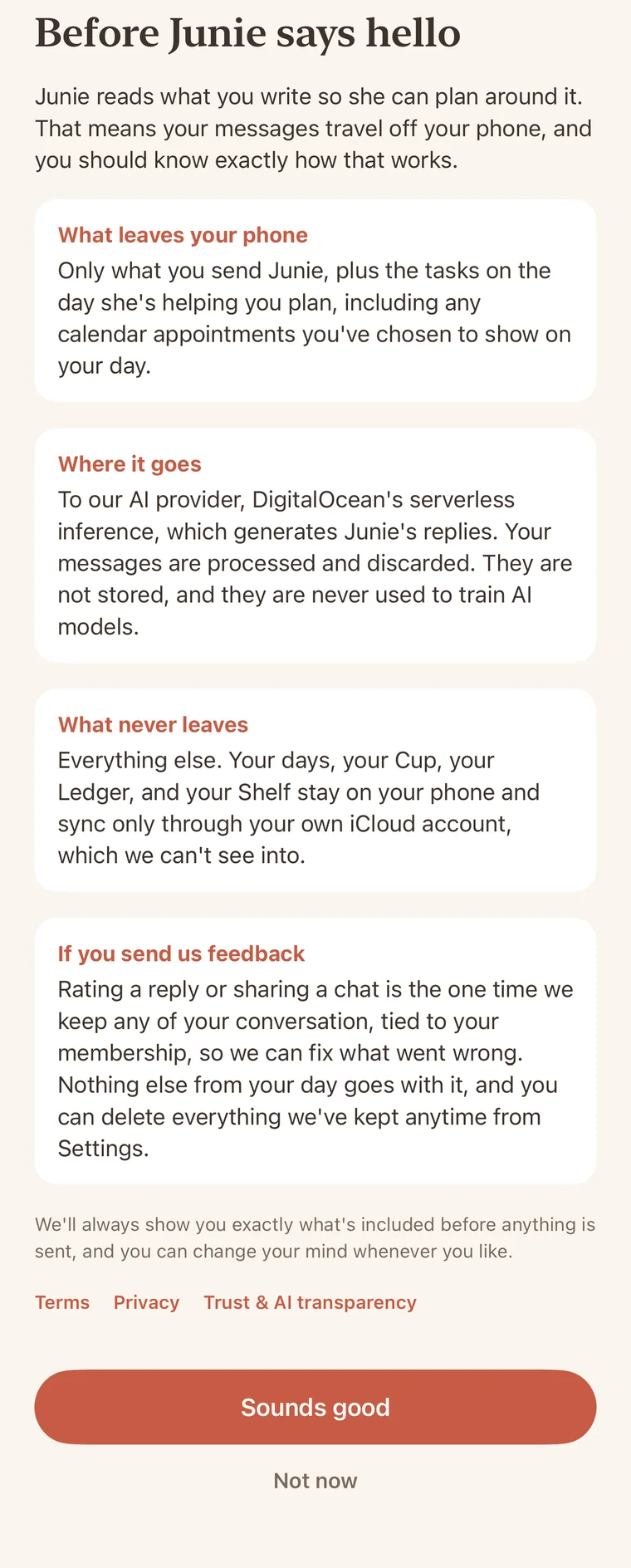 The Before Junie says hello card in the app, with sections for what leaves your phone, where it goes, what never leaves, and what happens if you send us feedback.